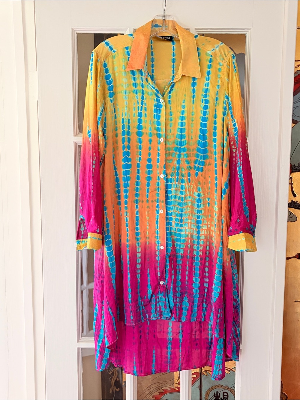 Dilemma New York Art to Wear Tie-Dye Hand-Dyed Button-Up Tunic Top Hi Low SZ M?
